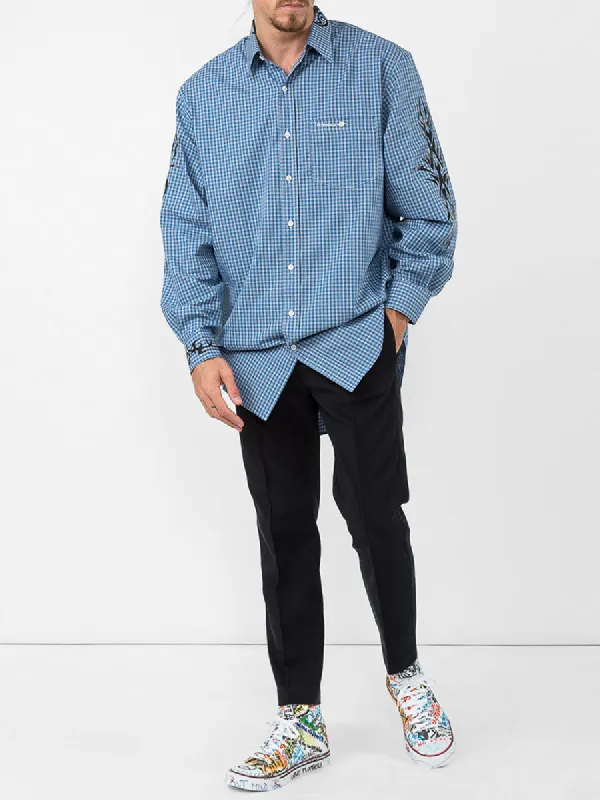 Blue Plaid Tribal Print Long Sleeve Shirt