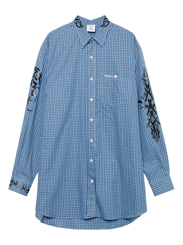 Blue Plaid Tribal Print Long Sleeve Shirt