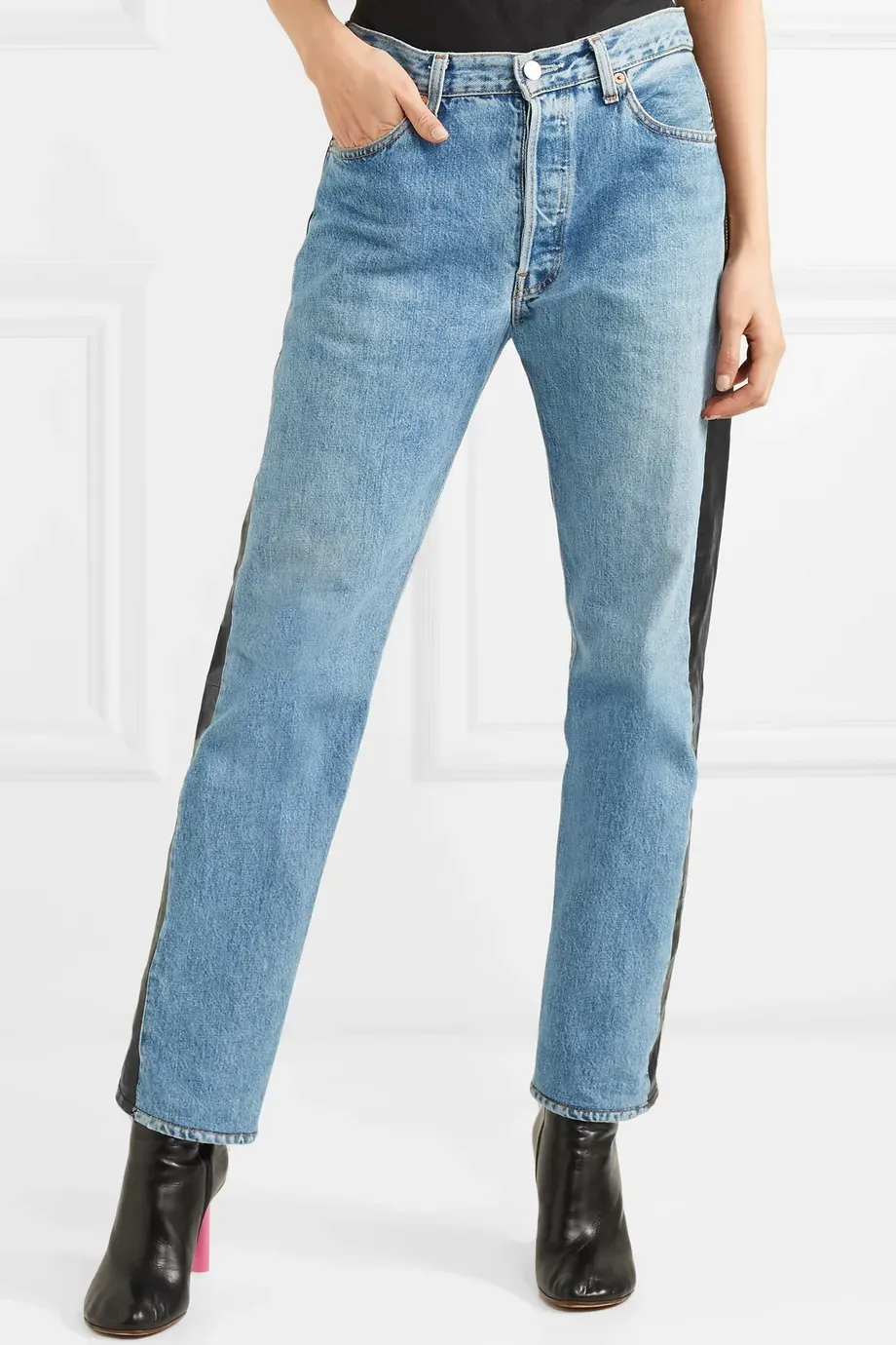 Two-Tone Leather & Denim Jeans