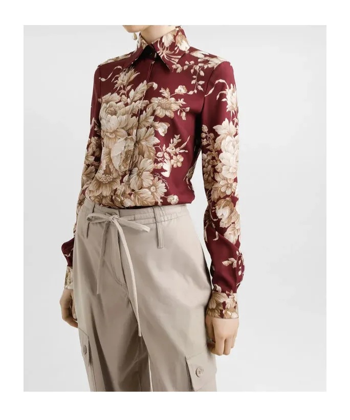 Rose-Printed Charmeuse Shirt