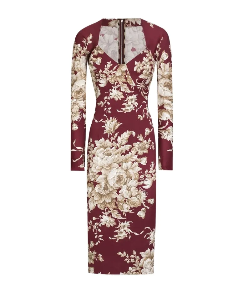 Floral-Print Long-Sleeve Midi Dress