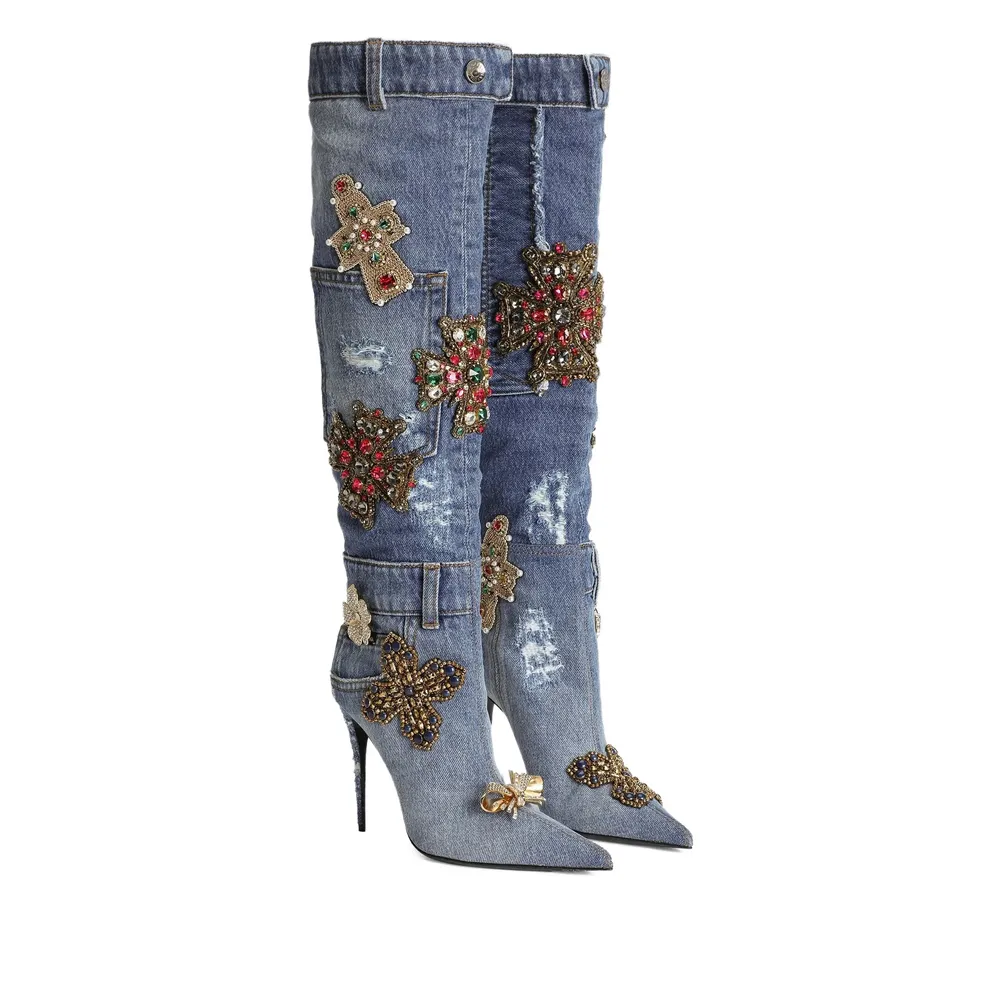 Embellished Denim Boots