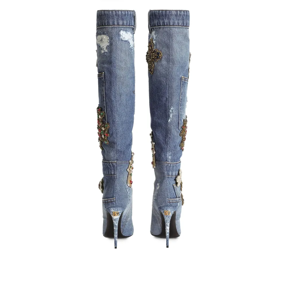 Embellished Denim Boots