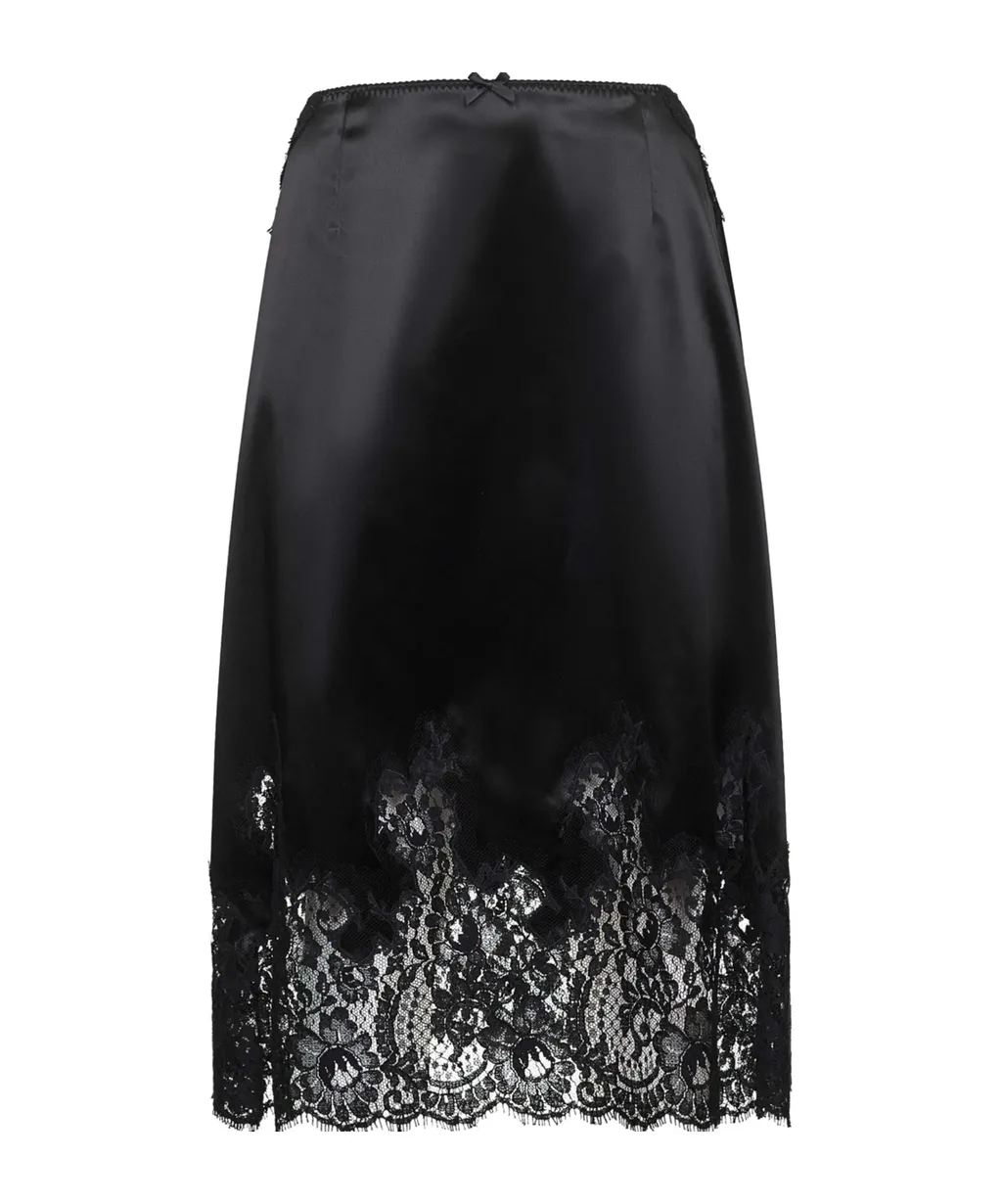 Lace-Trimmed Satin Midi Skirt