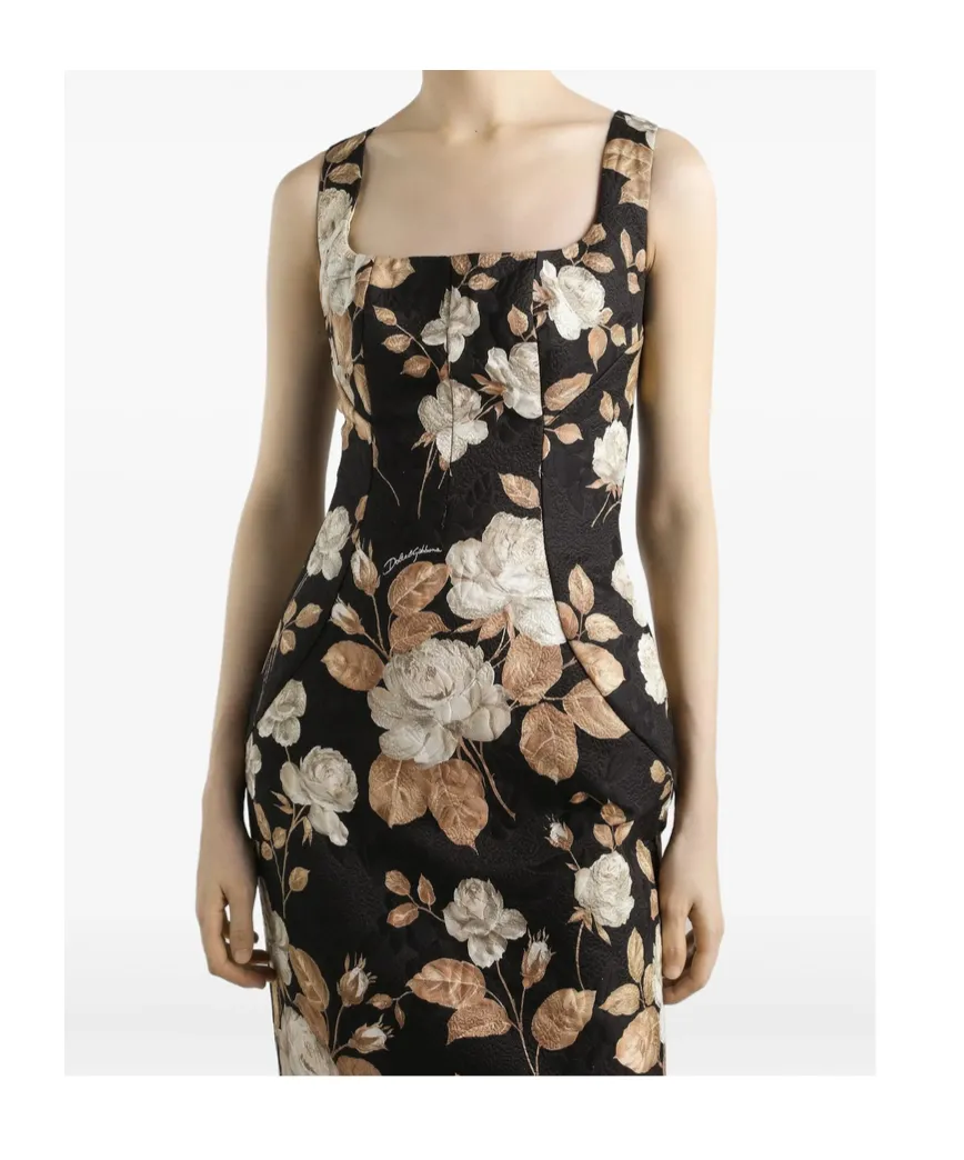 Rose-Print Square-Neck Midi Dress