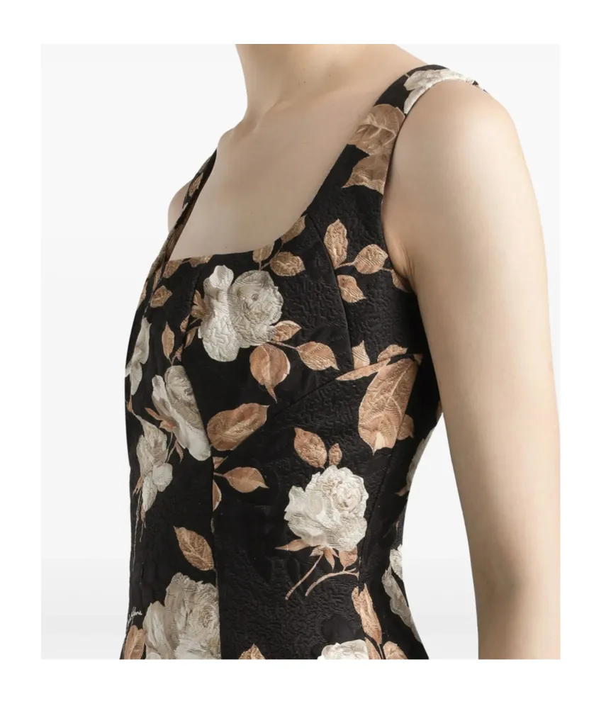 Rose-Print Square-Neck Midi Dress