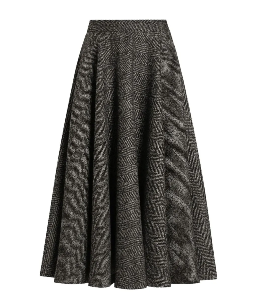Herringbone Flared Midi Skirt