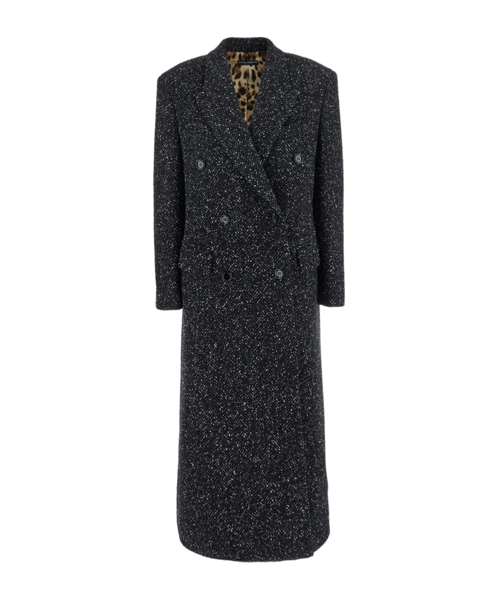 Herringbone-Pattern Double-Breasted Coat