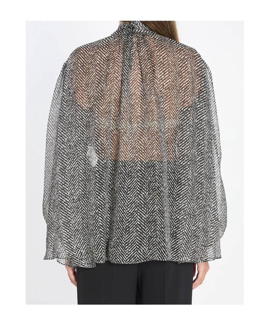 Chevron-Print Pussy-Bow Blouse