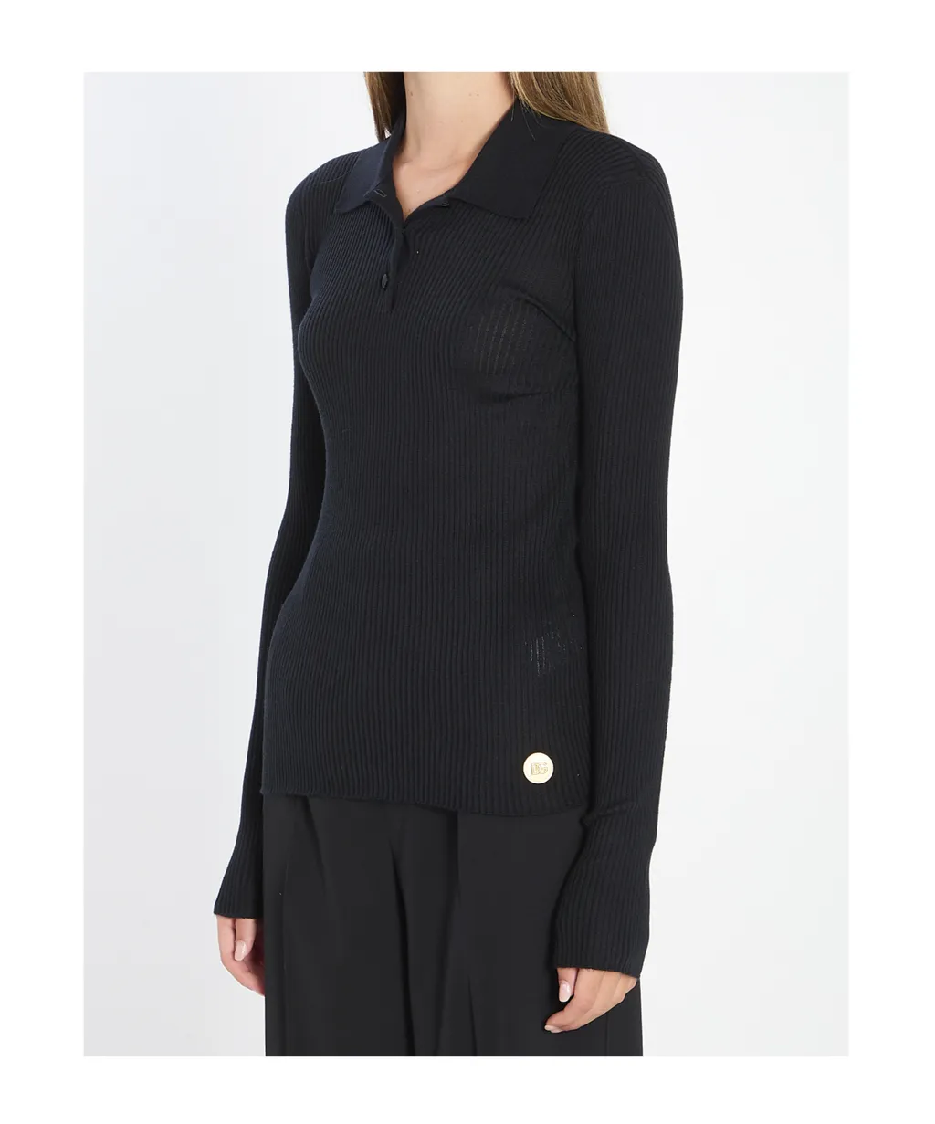 Ribbed Long-Sleeve Polo Top