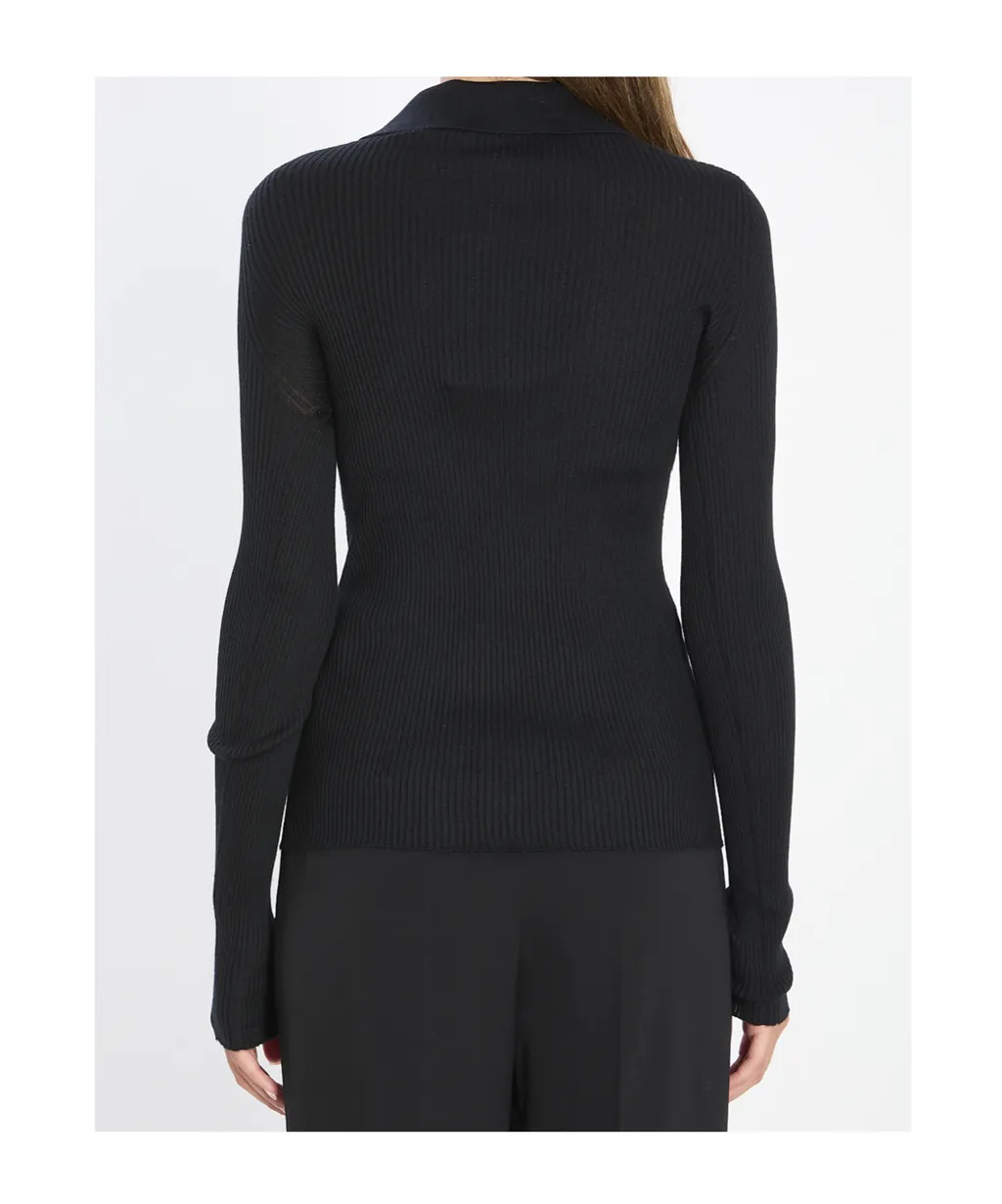 Ribbed Long-Sleeve Polo Top