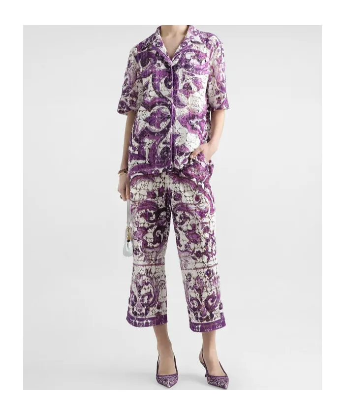 Majolica-Printed Crochet Lace Trousers
