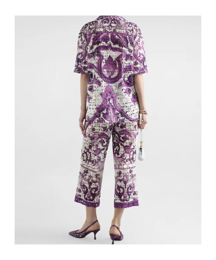 Majolica-Printed Crochet Lace Trousers