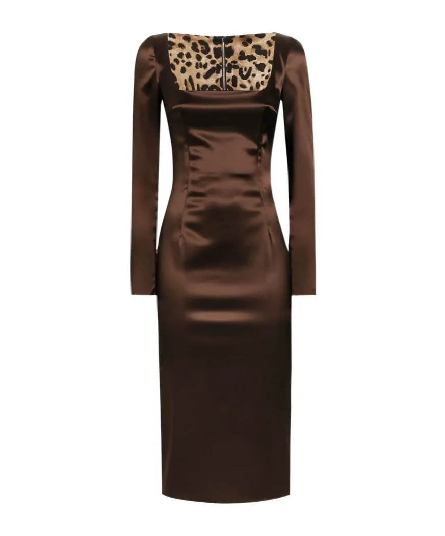 Square-Neck Satin Midi Dress