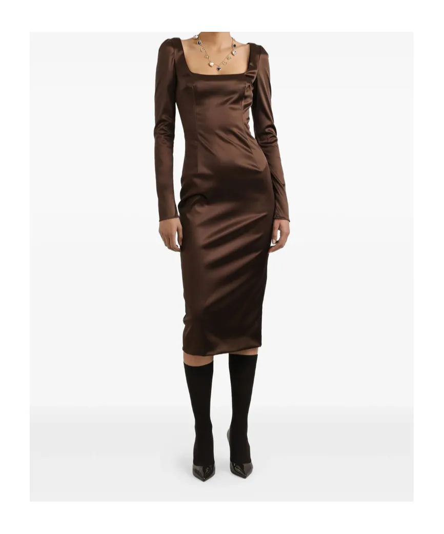 Square-Neck Satin Midi Dress