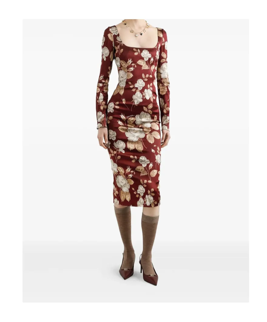Rose-Print Square-Neck Midi Dress