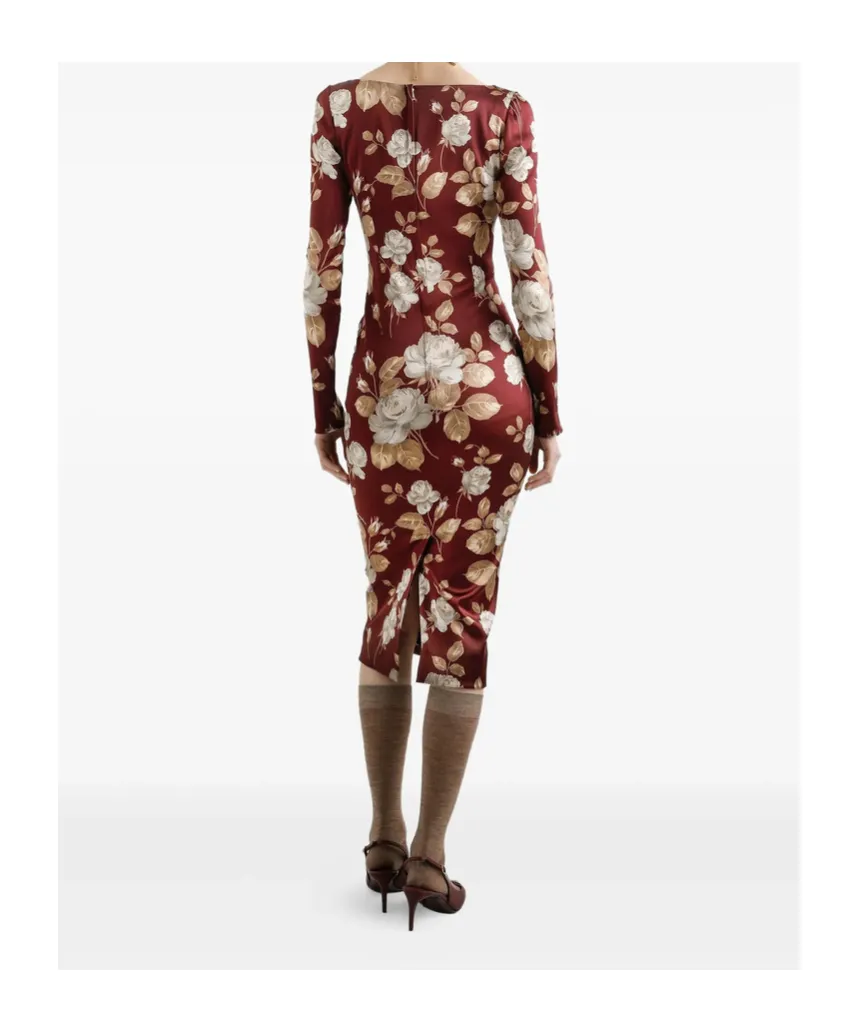 Rose-Print Square-Neck Midi Dress