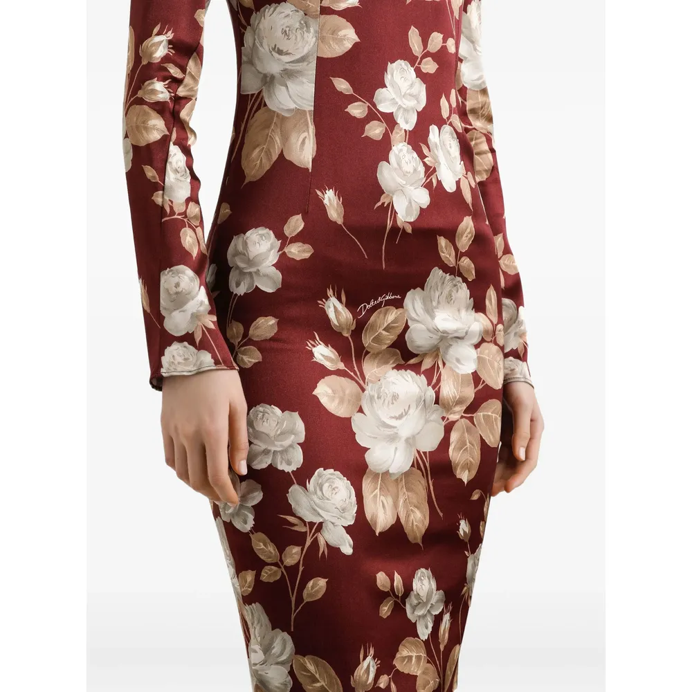 Rose-Print Square-Neck Midi Dress