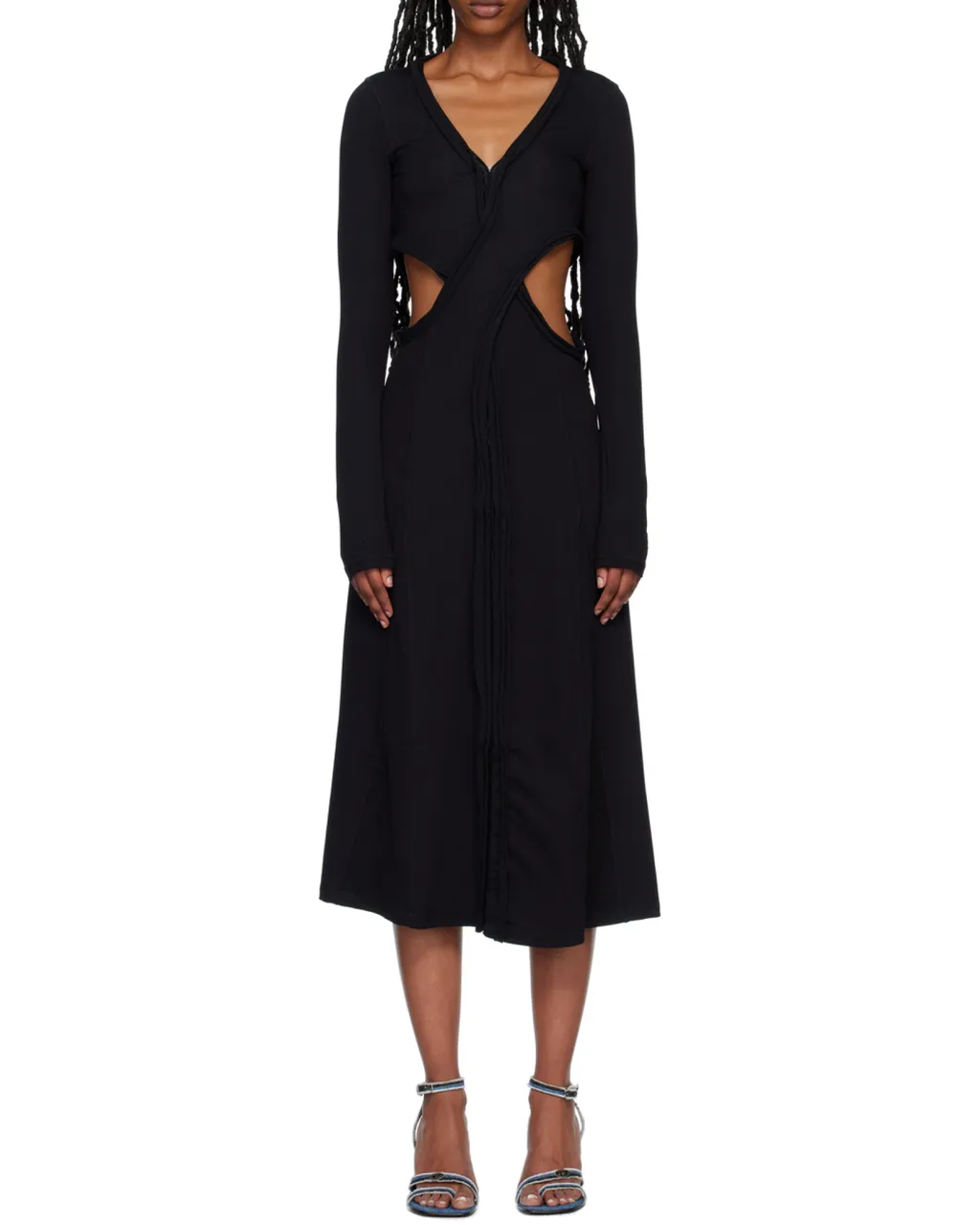 Long-Sleeve V-Neck Midi Dress