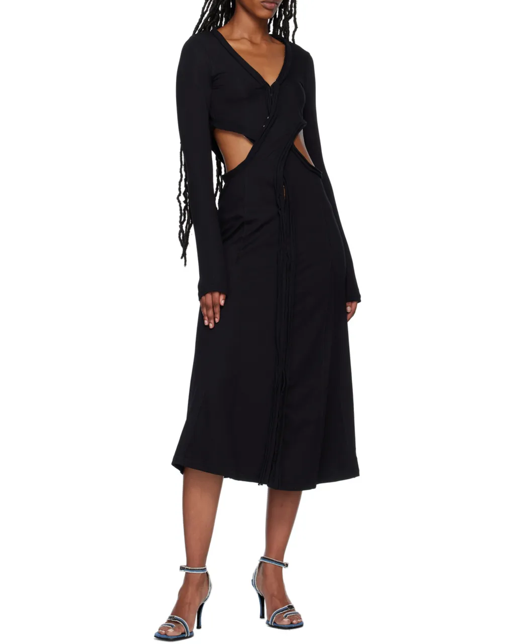 Long-Sleeve V-Neck Midi Dress