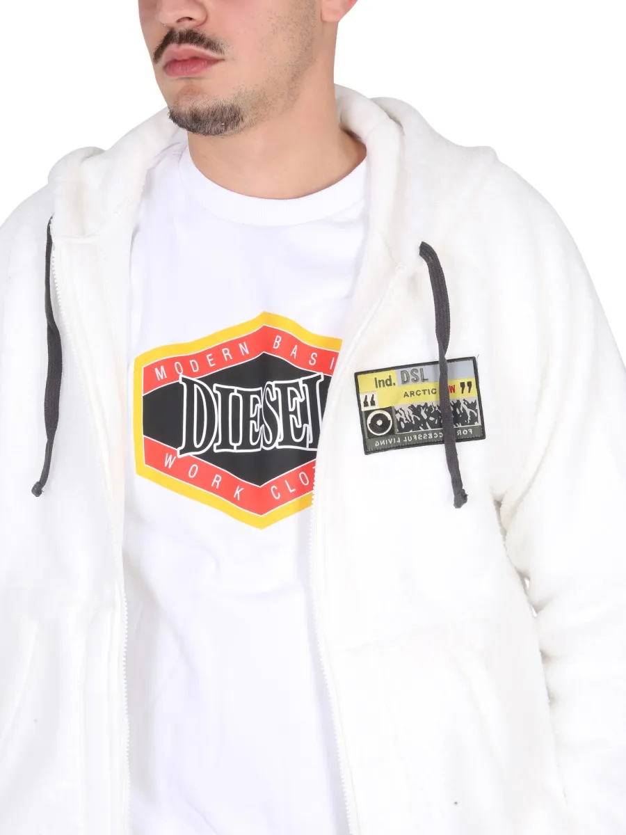 Logo Patch Drawstring Shearling Hoodie
