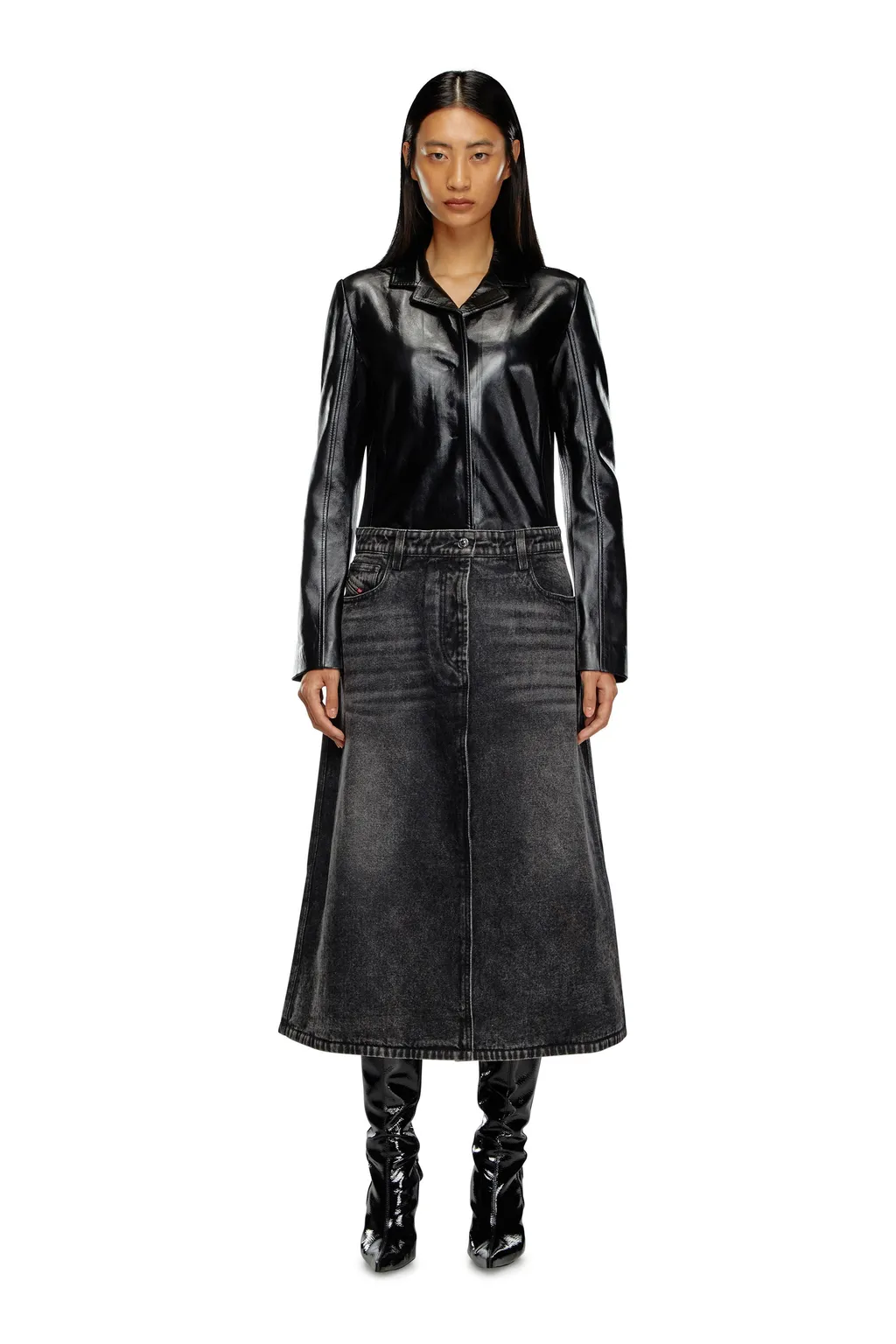 L-Ory Leather Denim Coat