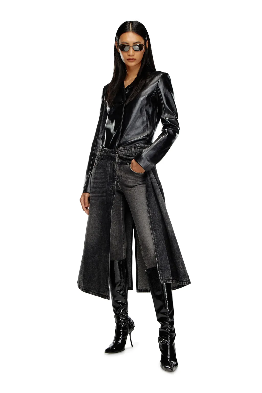 L-Ory Leather Denim Coat