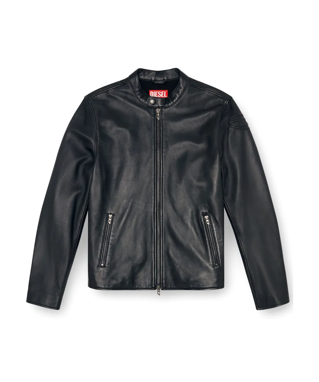 L-Carver Logo Embossed Leather Biker Jacket