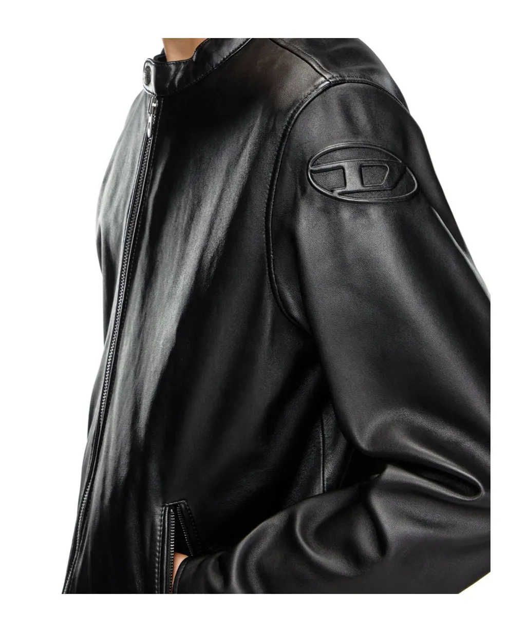 L-Carver Logo Embossed Leather Biker Jacket