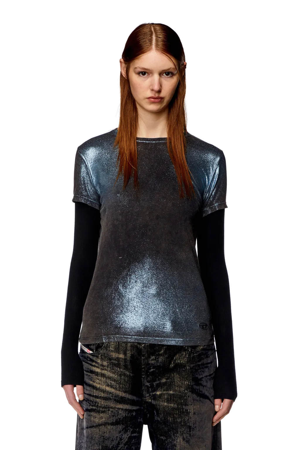 T-Miwa Layered Faded Metallic Top