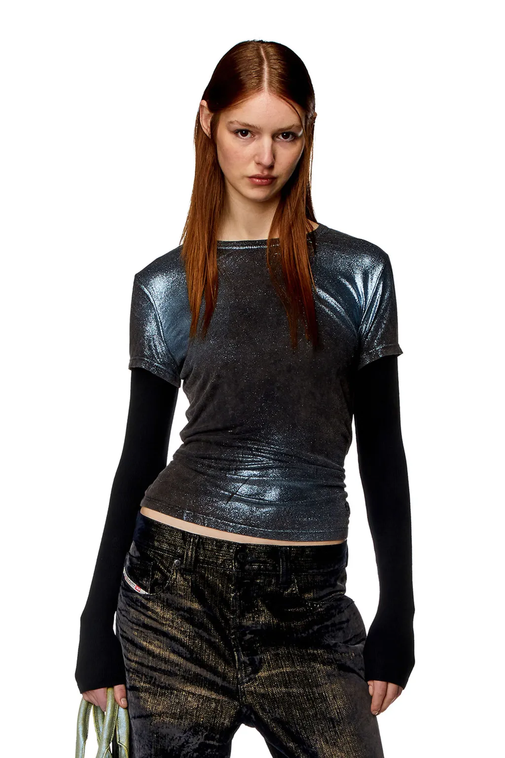 T-Miwa Layered Faded Metallic Top