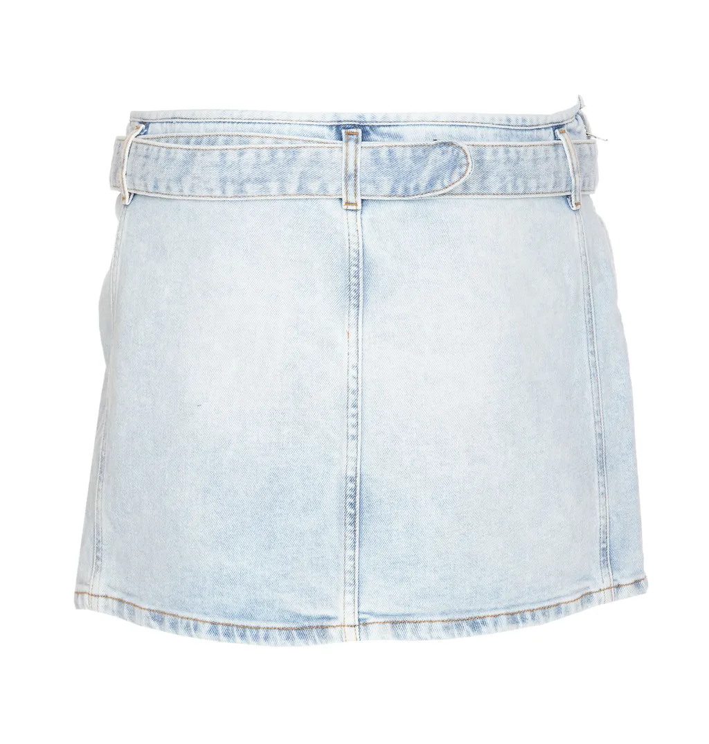 D-Buckle Belted Denim Mini Skirt