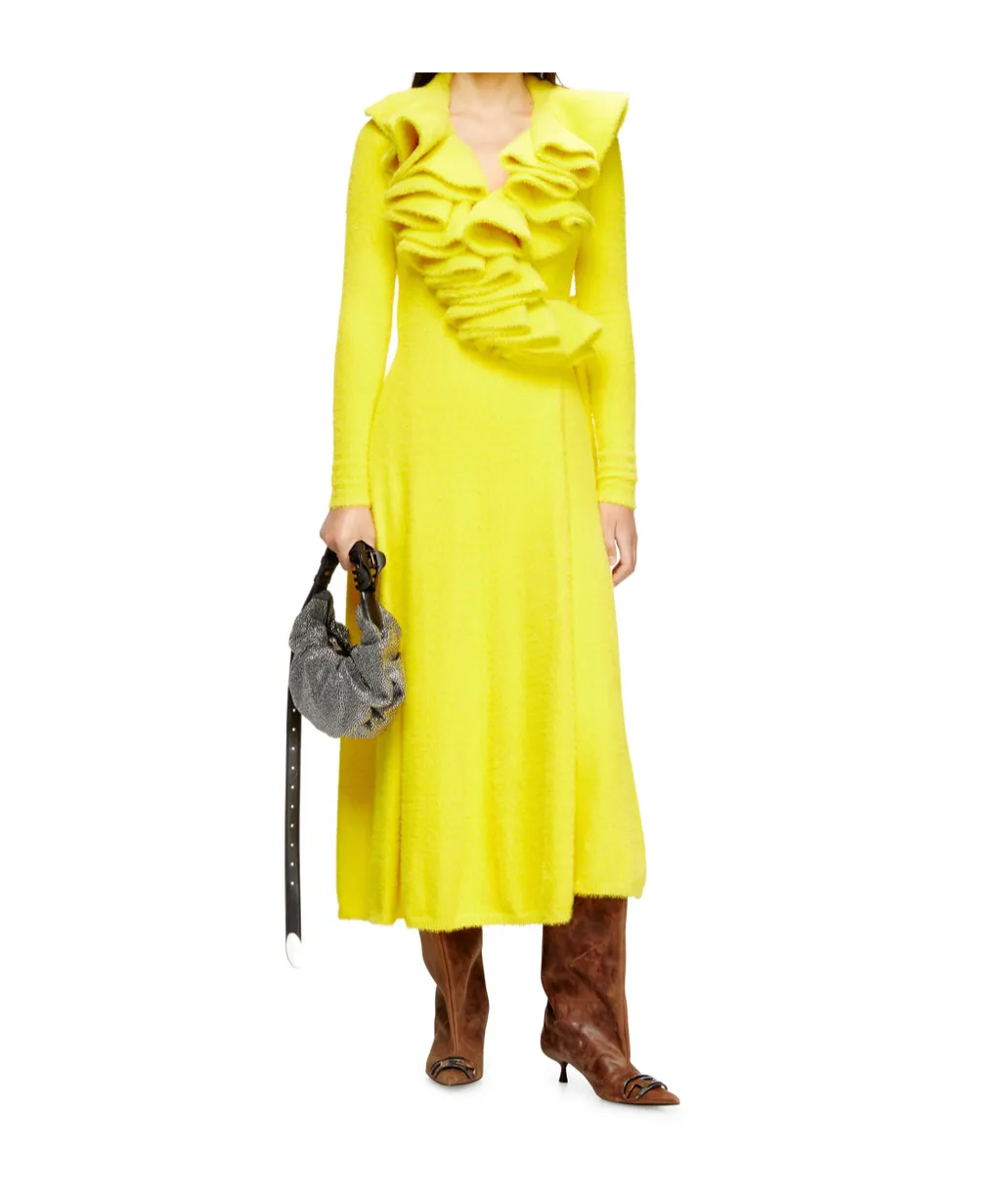 Fluffy Ruffled-Neck Midi Dress