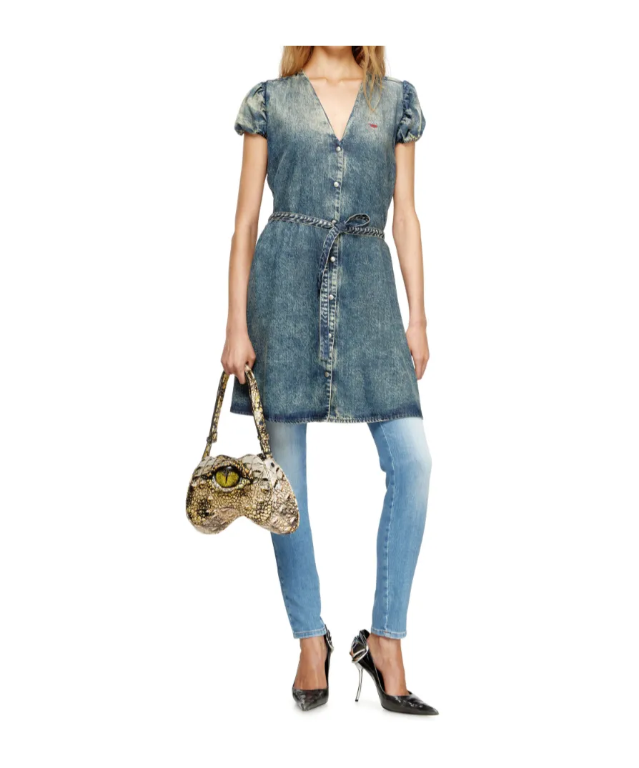 Puff-Sleeves Buttoned-Front Mini Day Dress