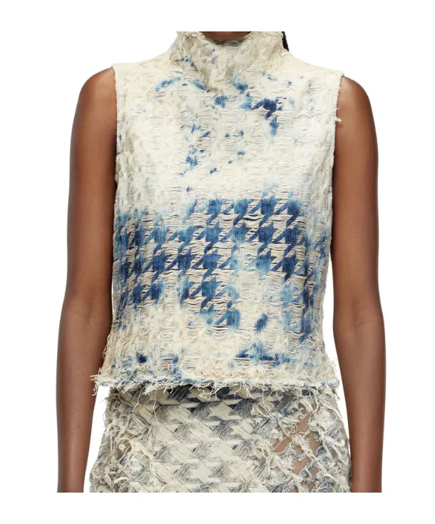 Sleeveless Top In Houndstooth-Weave Denim