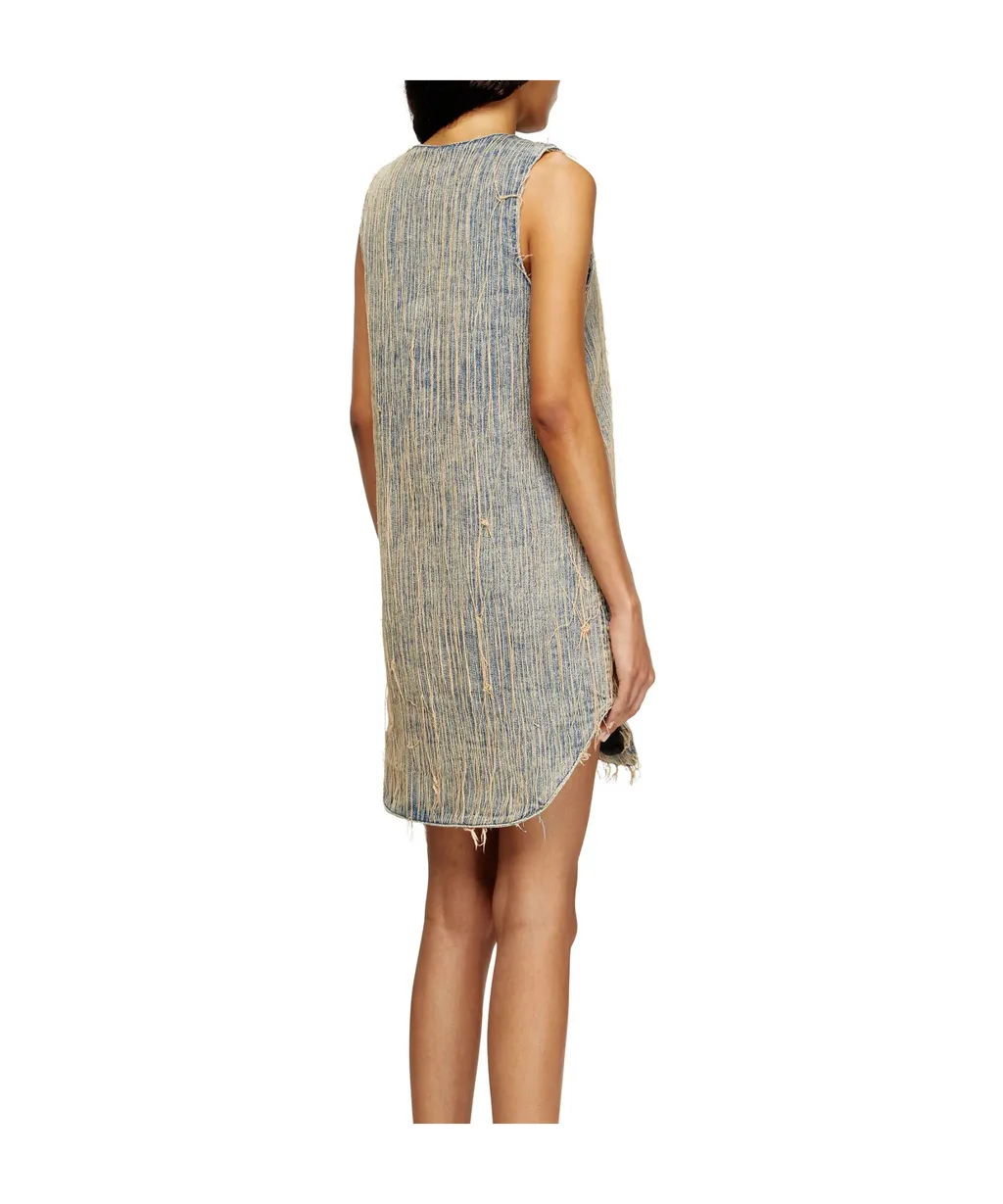 De Laris Frayed V-Neck Asymmetric Day Dress