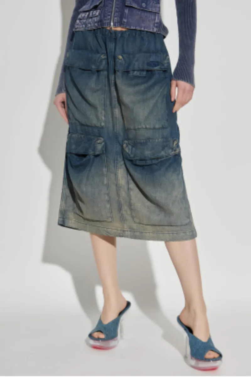 Multi-Pocket Denim Midi Skirt