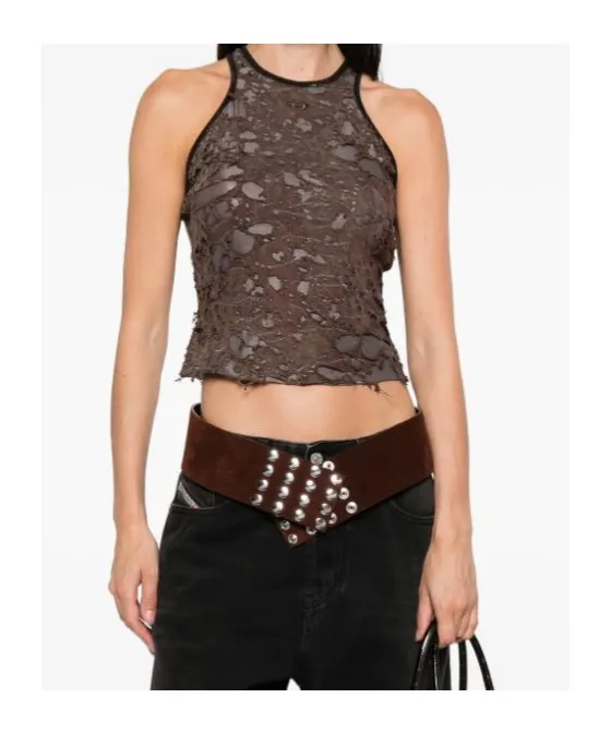 Logo Embroidered Distressed Sleeveless Top