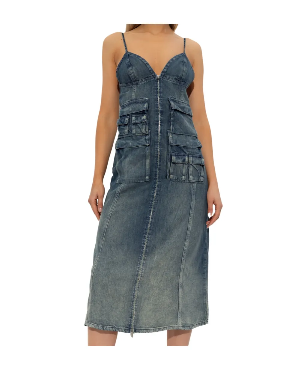 Zip-Up Denim Midi Dress