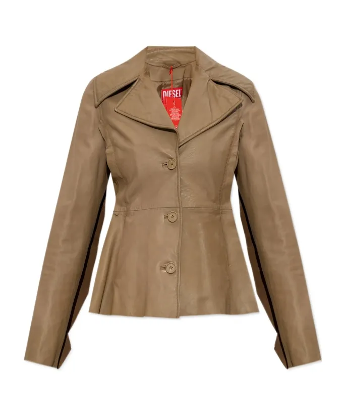 Button-Fastening Flared Leather Jacket