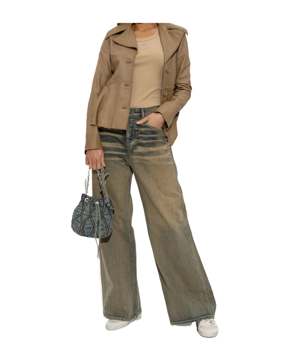Button-Fastening Flared Leather Jacket