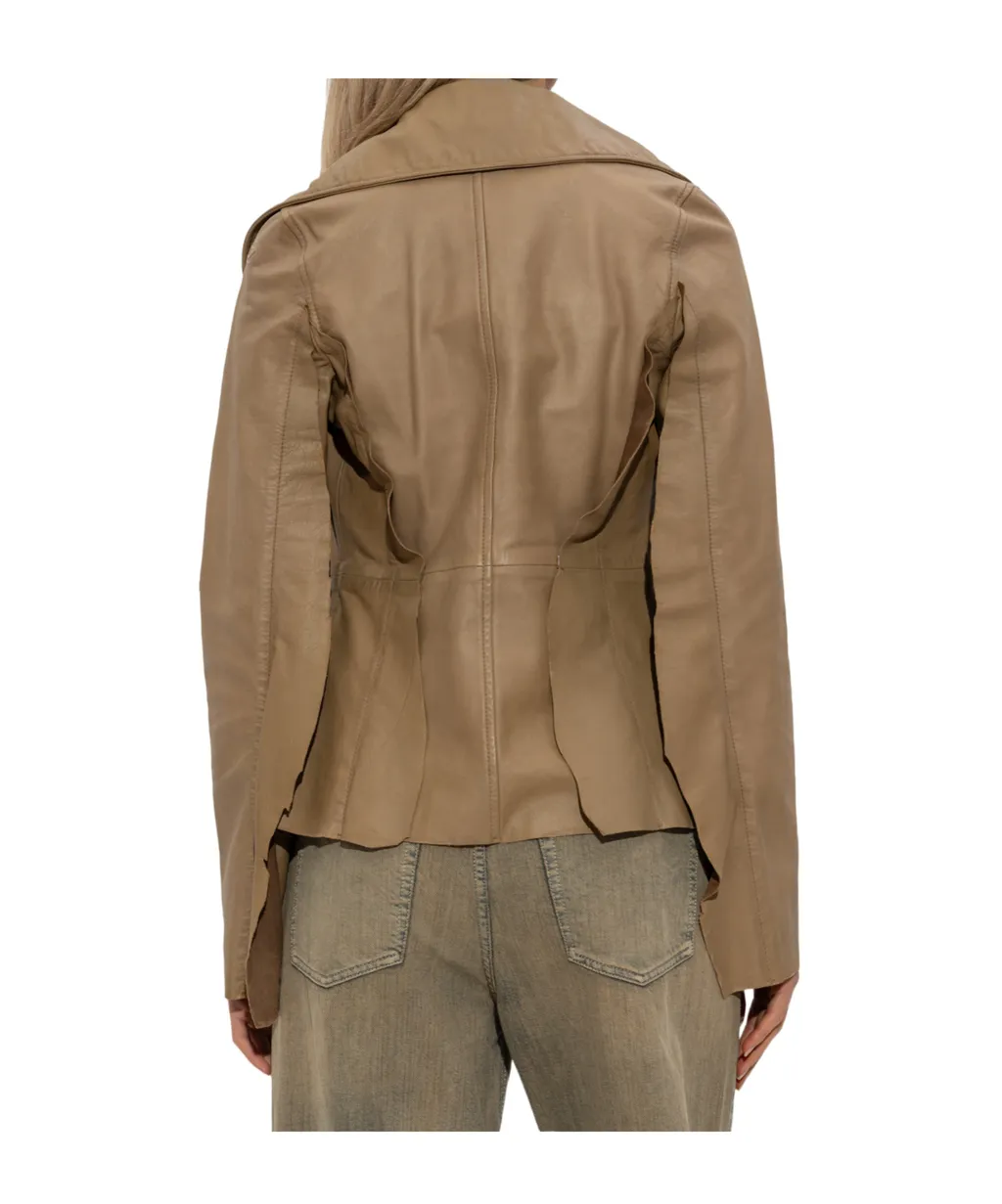 Button-Fastening Flared Leather Jacket