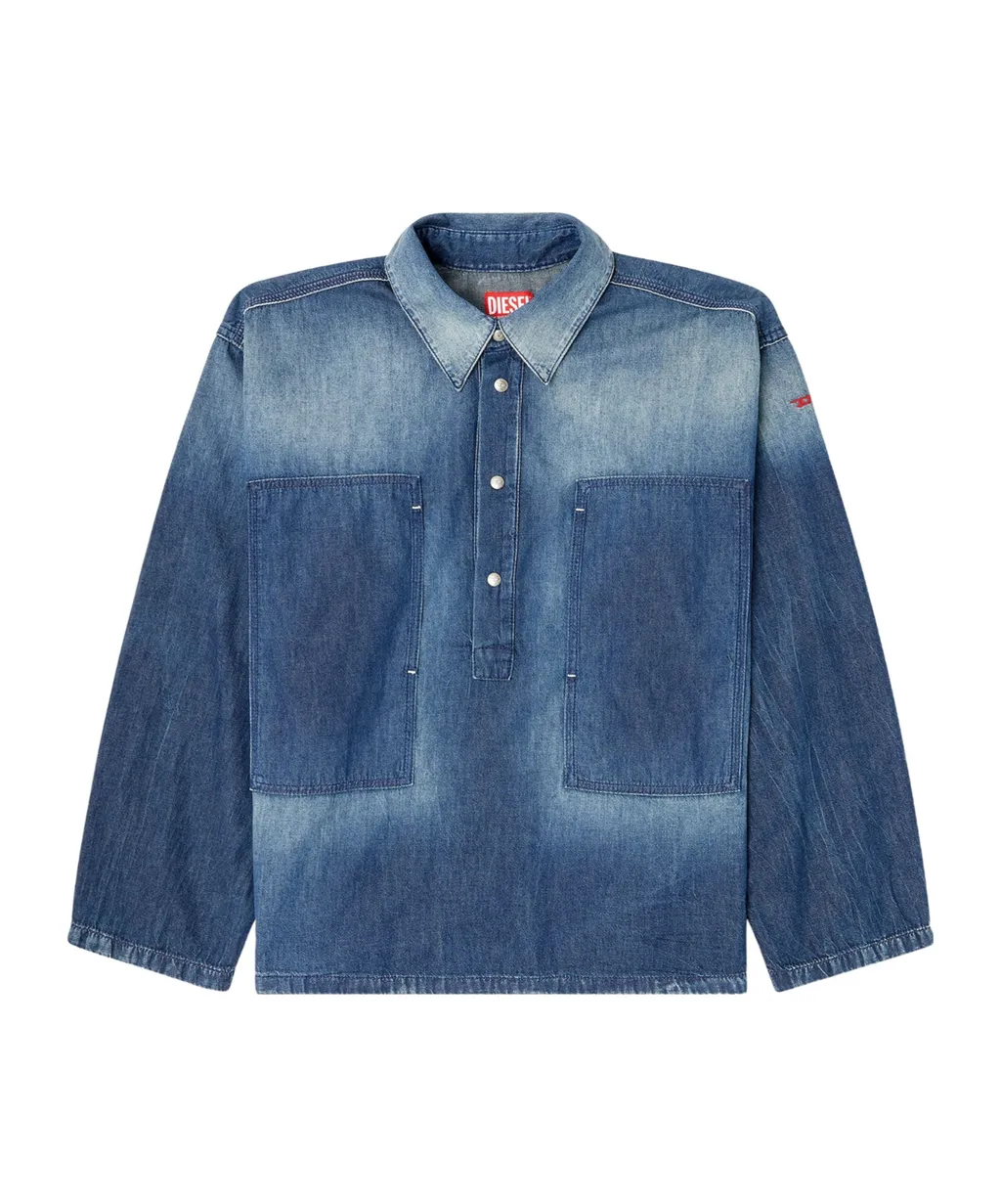 Henley Straight-Hem Denim Shirt