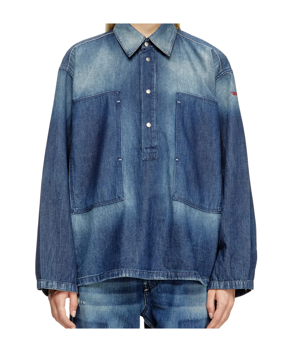 Henley Straight-Hem Denim Shirt