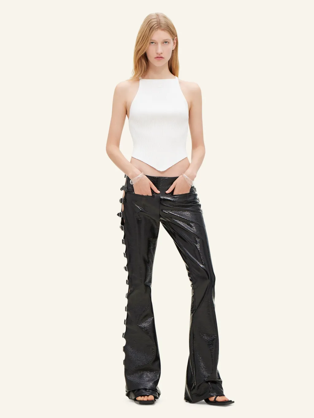 Strap Detailed Vinyl Bootcut Pants