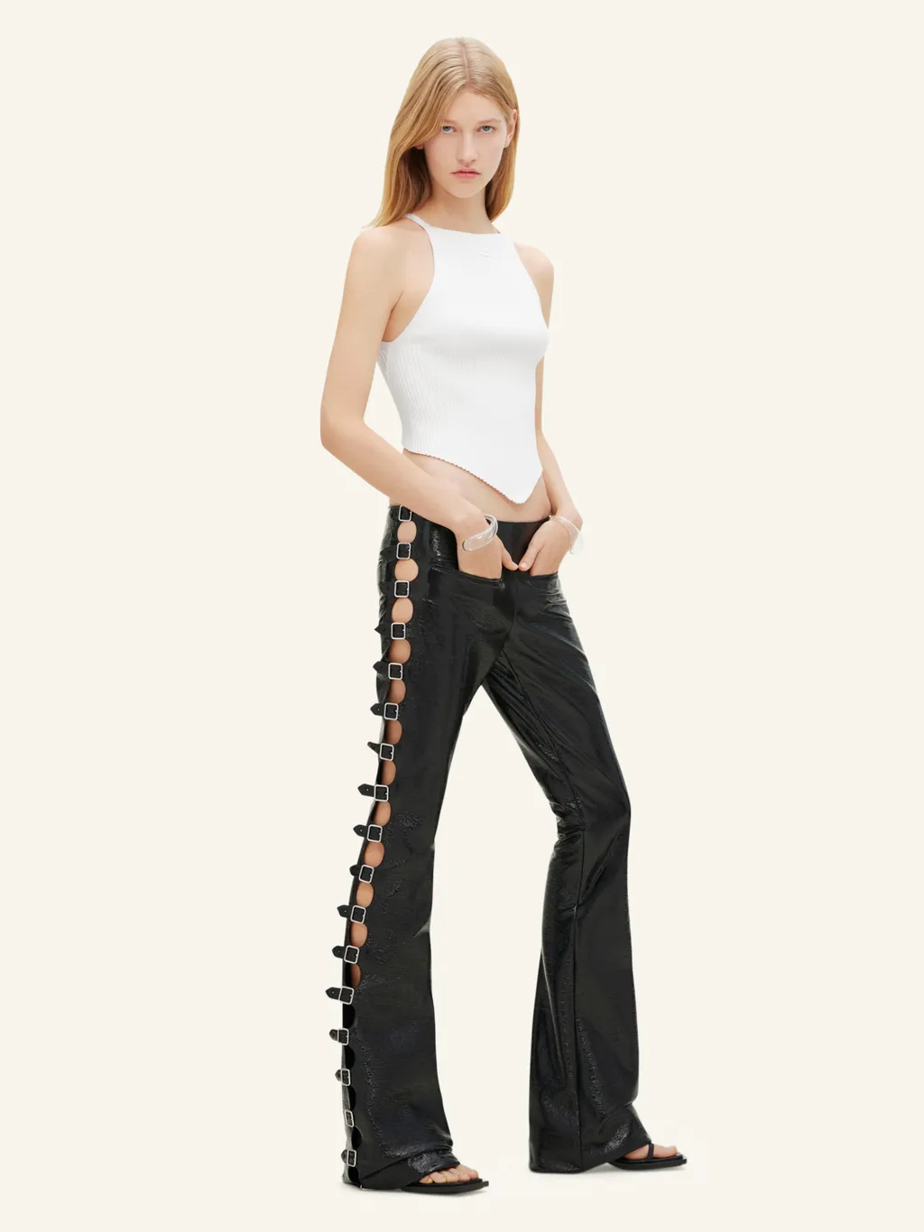 Strap Detailed Vinyl Bootcut Pants