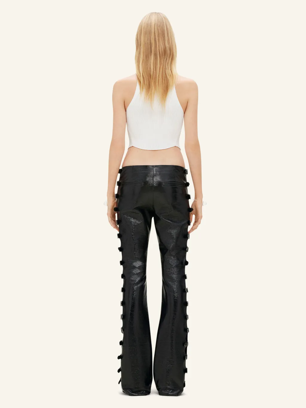 Strap Detailed Vinyl Bootcut Pants