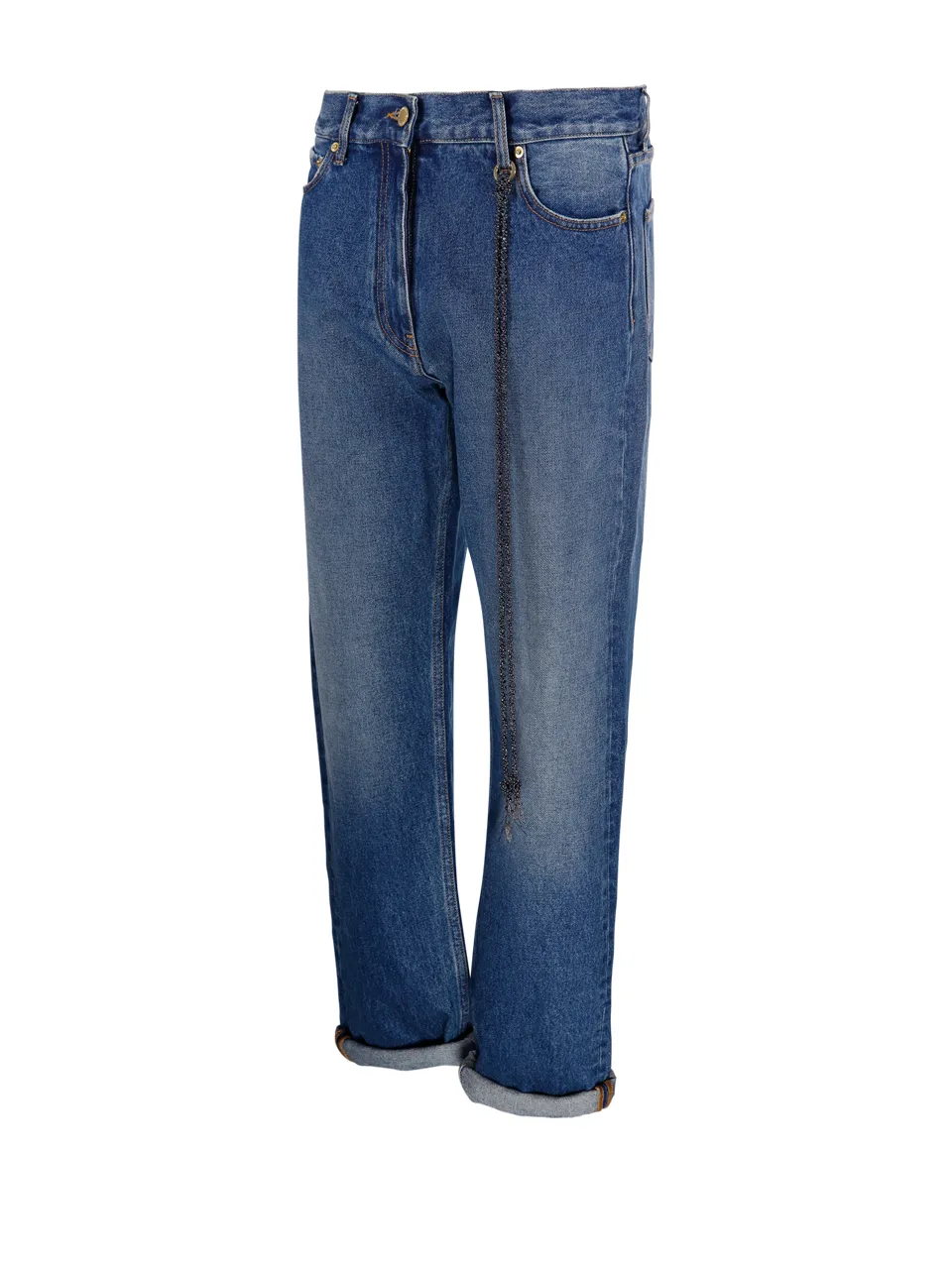 Strap-Embellished Straight-Leg Jeans