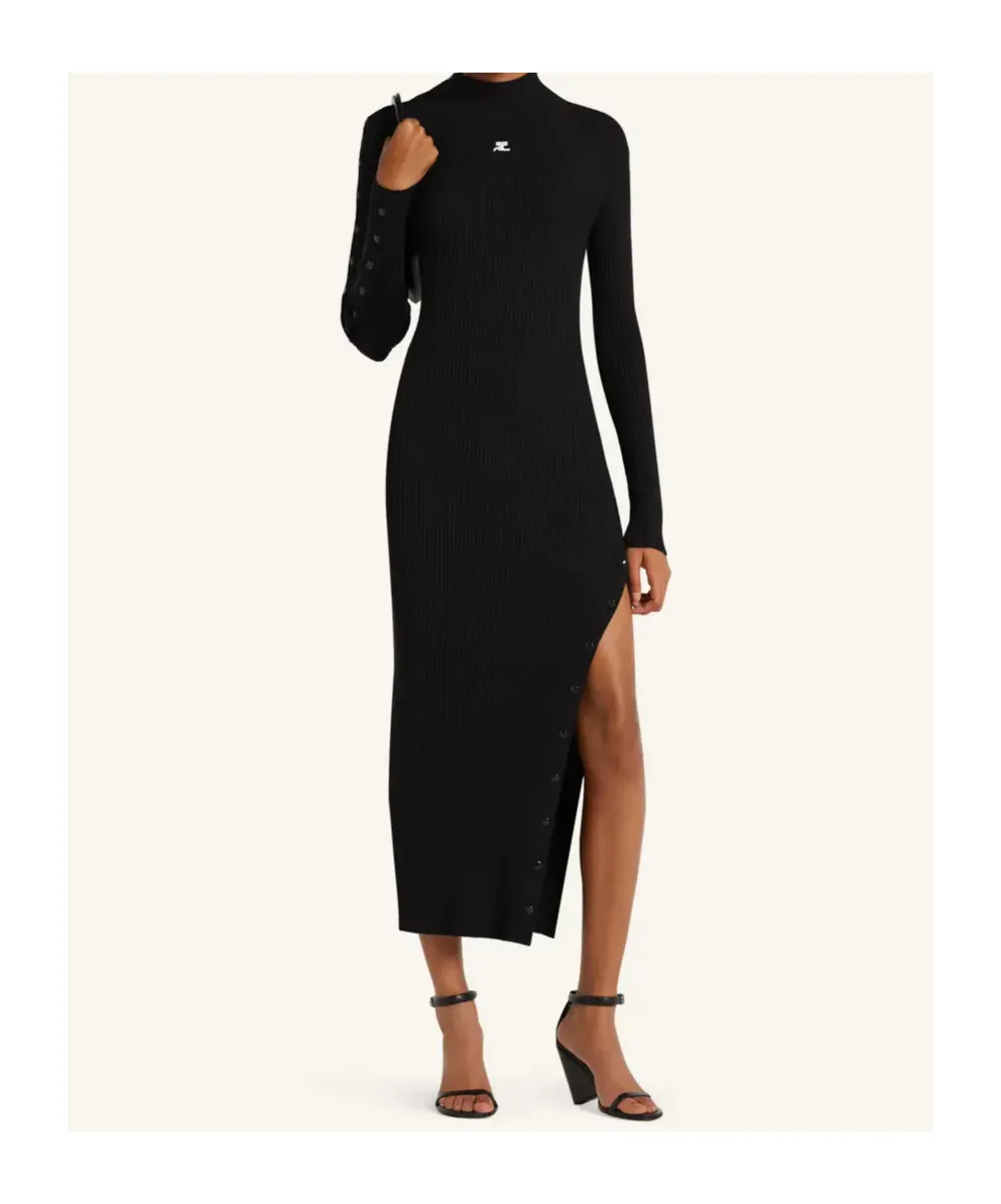 Ribbed Button-Detail Dress