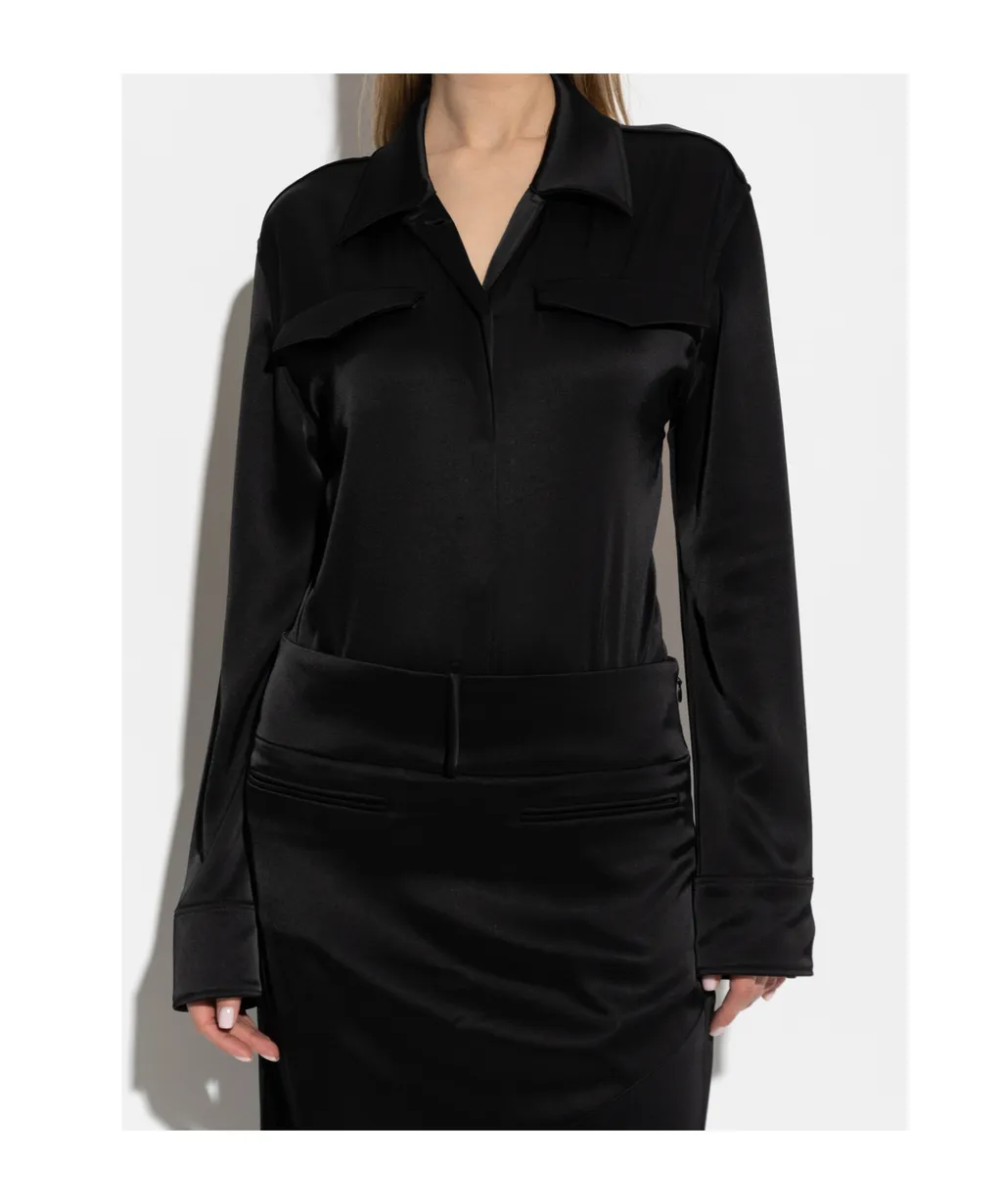 Backless Satin Shirt Bodysuit